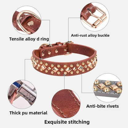Anti-Bite Leather Dog Collar with Rivets – Heavy Duty Adjustable Pet Collar for Medium &amp; Large Dogs, Soft Comfortable Durable Training Walking Collar