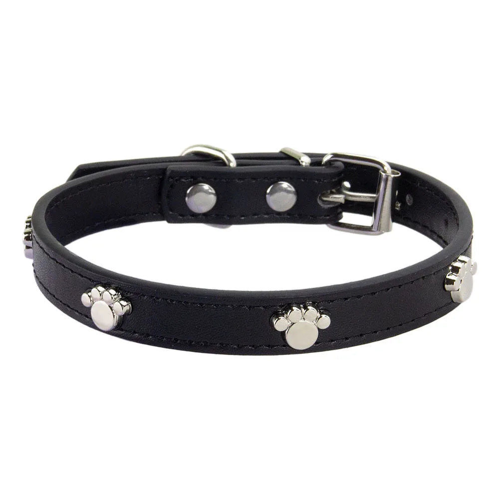 Durable Leather Dog Collar with Paw Print – Adjustable Puppy &amp; Small Dog Collar for Pug, Chihuahua &amp; Cats