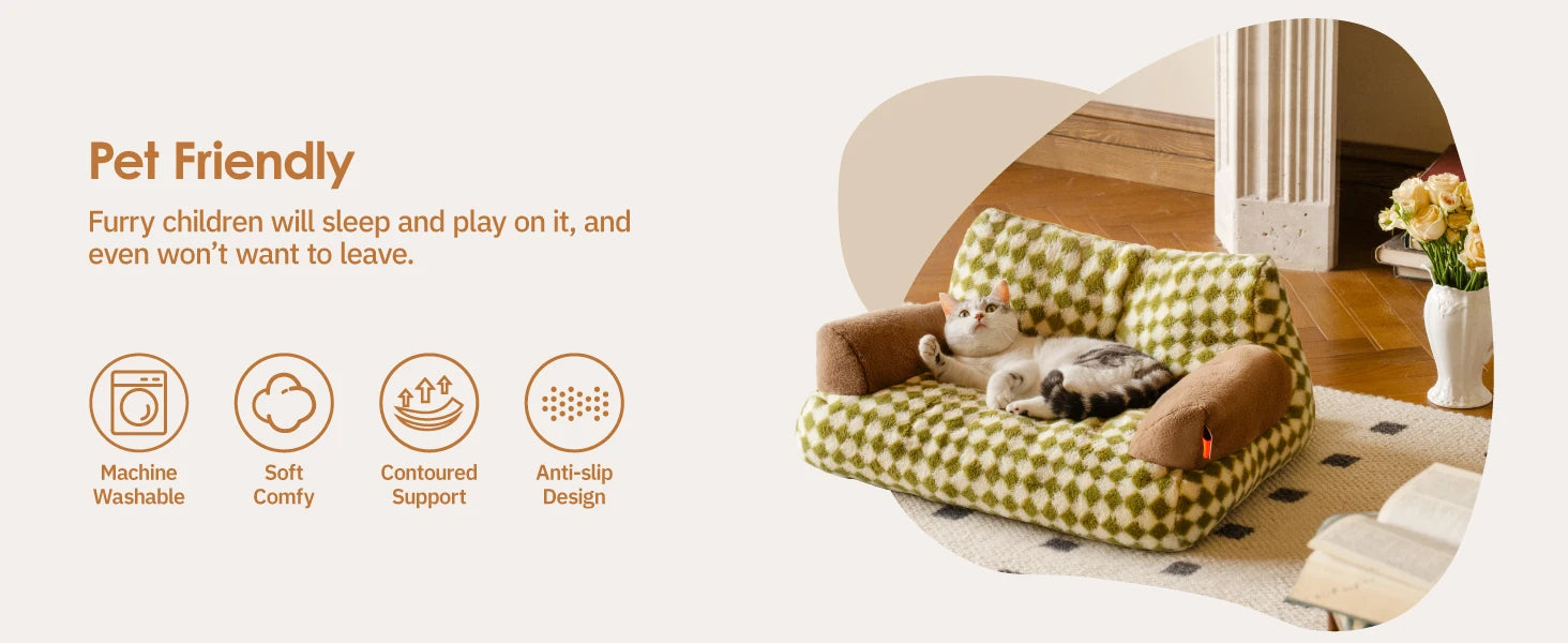 Pet Couch Bed 26×19×13 – Washable Fluffy Cat Bed for Cats &amp; Small Dogs up to 25 lbs, Black &amp; White