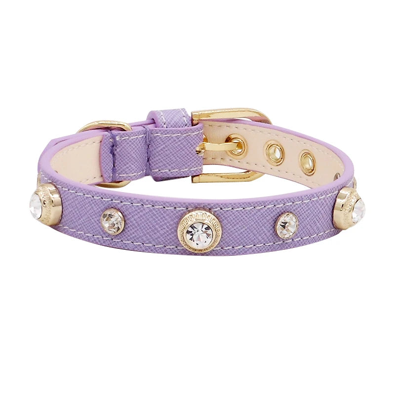 Genuine Leather Pet Collar White Diamond Gemstone Rivet Cowhide Collar Dog and Cat Collar
