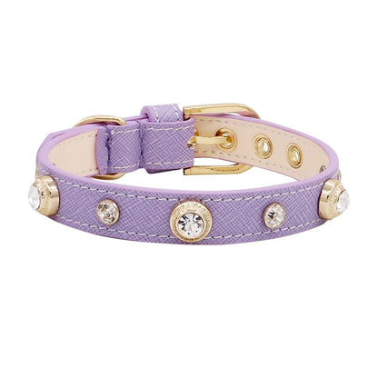 Genuine Leather Pet Collar White Diamond Gemstone Rivet Cowhide Collar Dog and Cat Collar