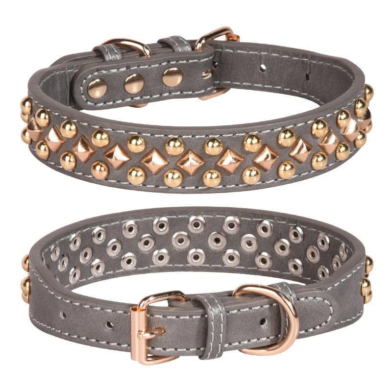Anti-Bite Leather Dog Collar with Rivets – Heavy Duty Adjustable Pet Collar for Medium &amp; Large Dogs, Soft Comfortable Durable Training Walking Collar