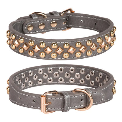 Anti-Bite Leather Dog Collar with Rivets – Heavy Duty Adjustable Pet Collar for Medium &amp; Large Dogs, Soft Comfortable Durable Training Walking Collar