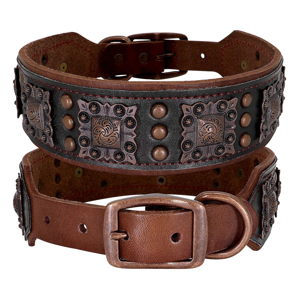 Cool Spiked Dog Collar for Medium Large Dogs – Genuine Leather Adjustable Pitbull Bulldog Collar with Metal Buckle &amp; D-Ring