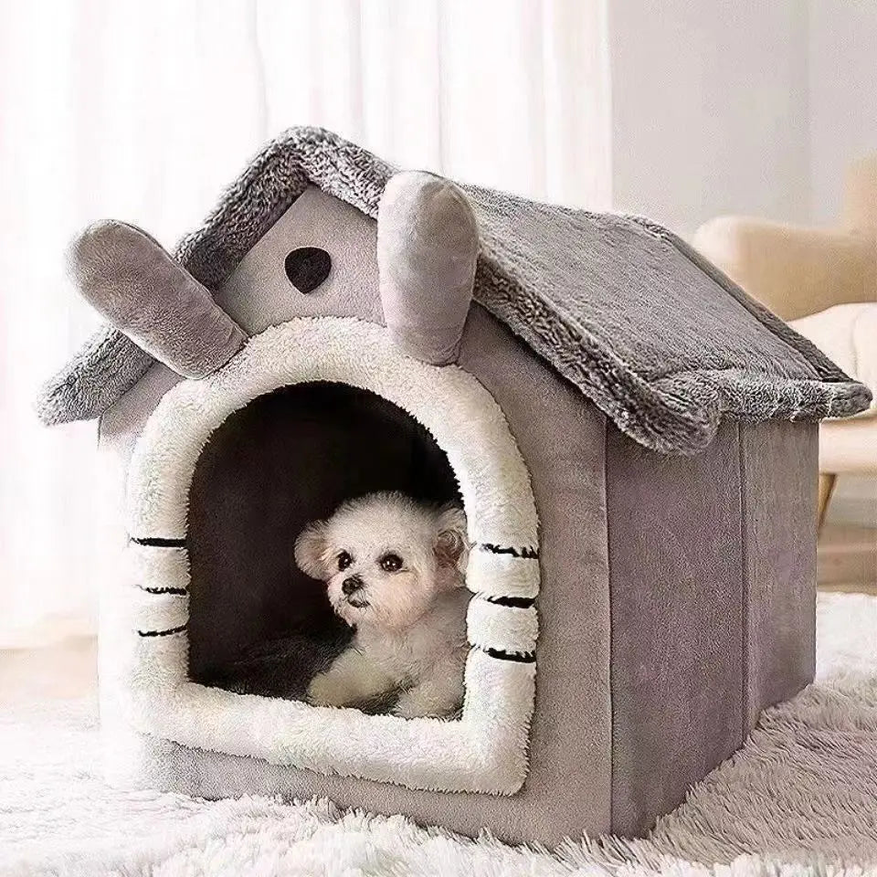 Cute Dog House Bed with Removable Cushion - Soft Coral Fleece Pet Bed for Dogs &amp; Cats, All-Season, Lightweight &amp; Breathable
