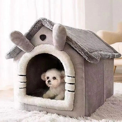 Cute Dog House Bed with Removable Cushion - Soft Coral Fleece Pet Bed for Dogs &amp; Cats, All-Season, Lightweight &amp; Breathable