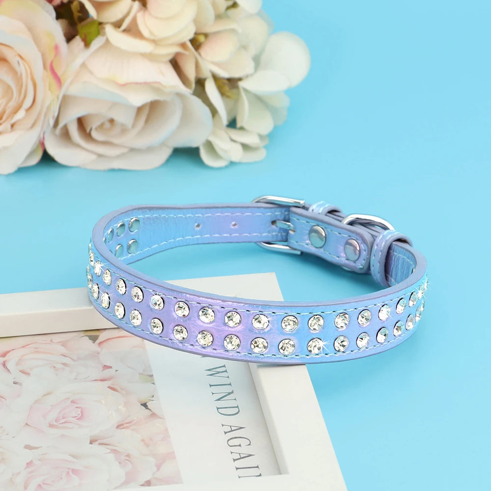 Crystal Rhinestone Small Dog Collar – Adjustable Leather Pet Collar for Chihuahua, Puppy &amp; Cat, Padded Sparkly Dog Collar