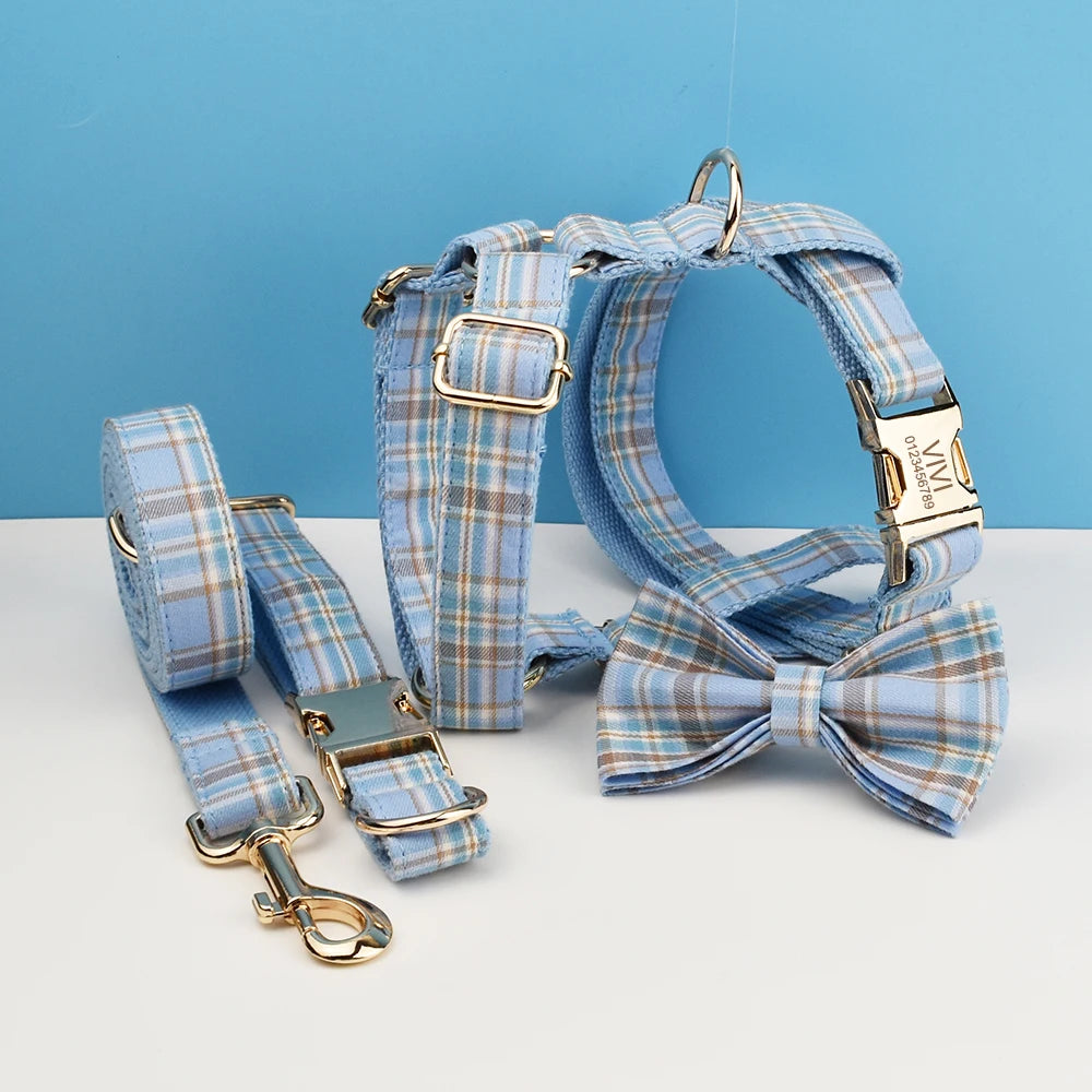 Snazzy Blue Plaid Dog Collar and Leash Set with Custom Engraved Nameplate