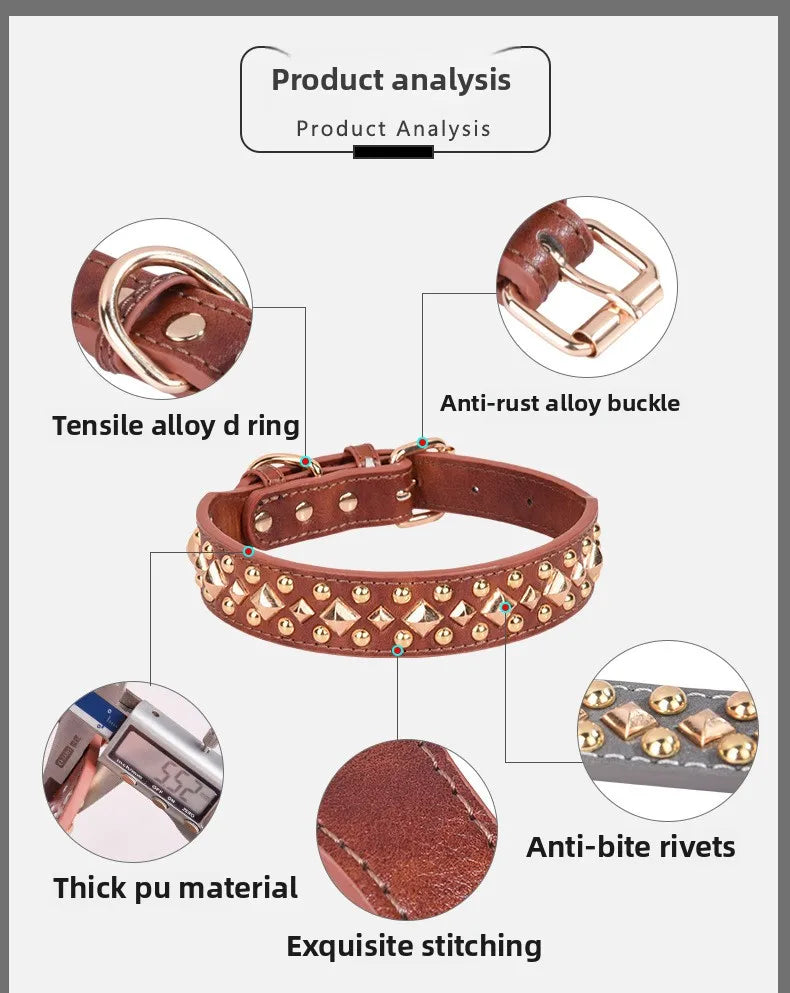 Anti-Bite Leather Dog Collar with Rivets – Heavy Duty Adjustable Pet Collar for Medium &amp; Large Dogs, Soft Comfortable Durable Training Walking Collar