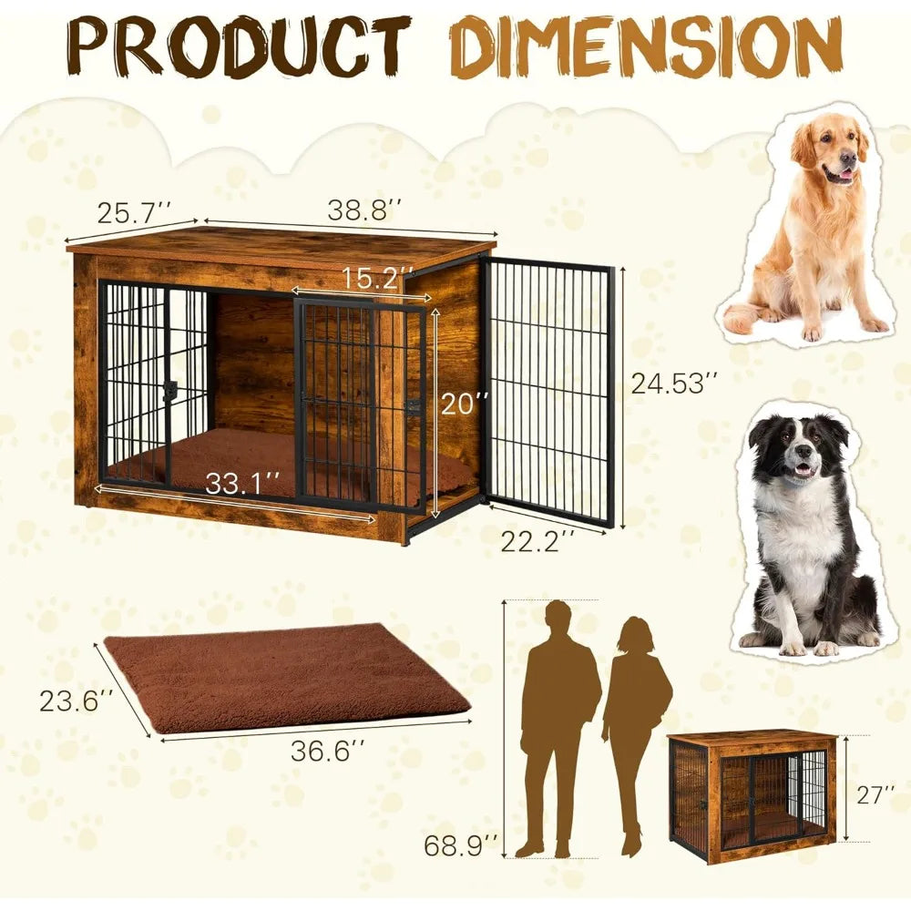 Stylish Dog Crate Furniture with Thick Cushion &amp; Double Doors – Wooden End Table Chew-Resistant Dog Kennel