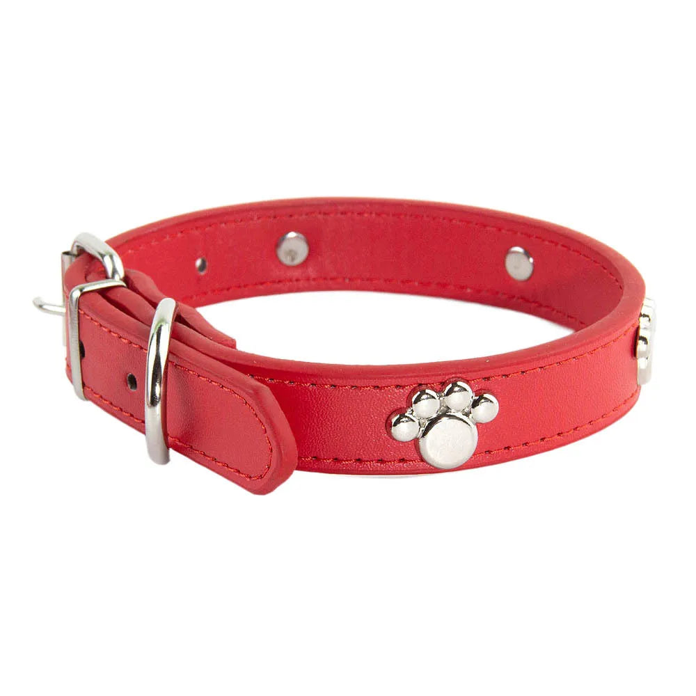 Durable Leather Dog Collar with Paw Print – Adjustable Puppy &amp; Small Dog Collar for Pug, Chihuahua &amp; Cats