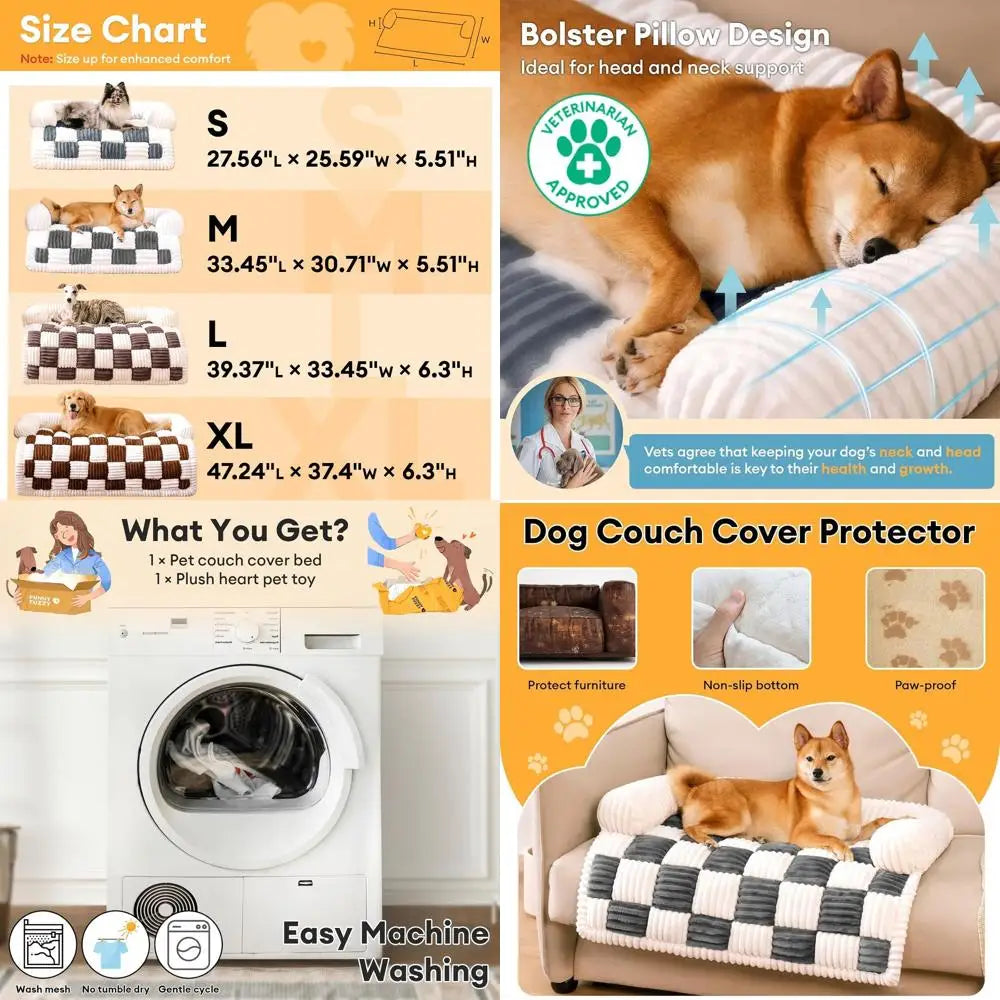 Dog Couch Cover Bed with Bolsters – Washable Non-Slip Sofa Protector Pet Bed for Medium &amp; Large Dogs