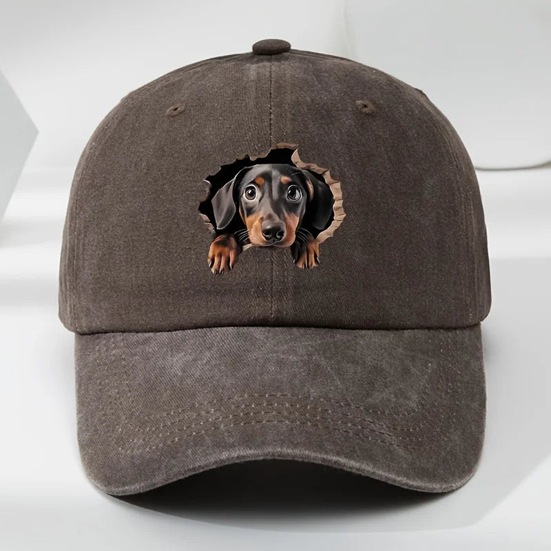 Retro Washed Dachshund Baseball Cap – Dog Pattern Hat with Breathable See-Through Hole Design, Casual Outdoor Sports Sun Hat