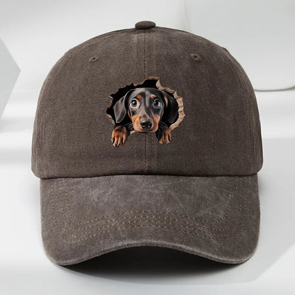 Retro Washed Dachshund Baseball Cap – Dog Pattern Hat with Breathable See-Through Hole Design, Casual Outdoor Sports Sun Hat