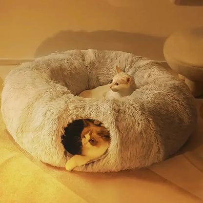 Plush Cat Bed with Play Tunnel - Interactive Multifunctional Donut Cat Bed with Play Tunnel &amp; Peephole