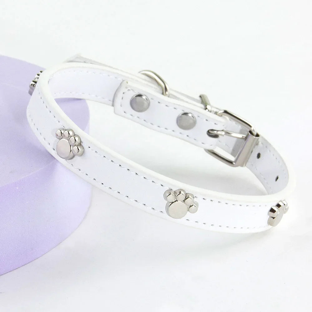 Durable Leather Dog Collar with Paw Print – Adjustable Puppy &amp; Small Dog Collar for Pug, Chihuahua &amp; Cats