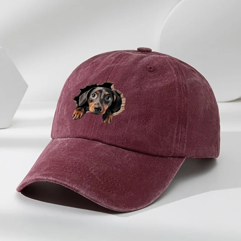 Retro Washed Dachshund Baseball Cap – Dog Pattern Hat with Breathable See-Through Hole Design, Casual Outdoor Sports Sun Hat