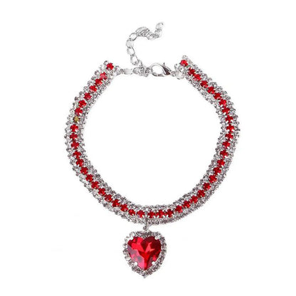 Bling Rhinestone Dog &amp; Cat Necklace Collar – Crystal Heart Diamante Pet Jewelry, Adjustable Puppy &amp; Kitten Wedding Party Accessory XS–L