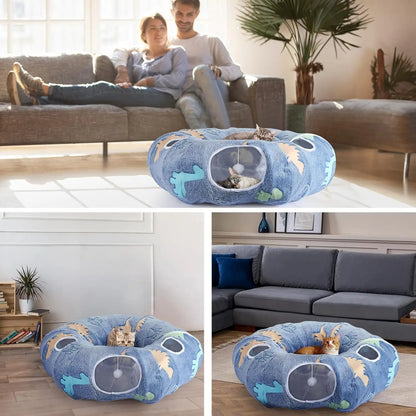 Cat Tunnel Bed for Indoor Cats – Foldable Plush Donut Tunnel with Glow-in-the-Dark Design