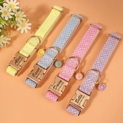 Personalized Bling Plaid Dog Collar – Adjustable Buckle Collar with Cute Flower Pendant, Anti-Lost ID for Small &amp; Medium Dogs &amp; Cats – Pink