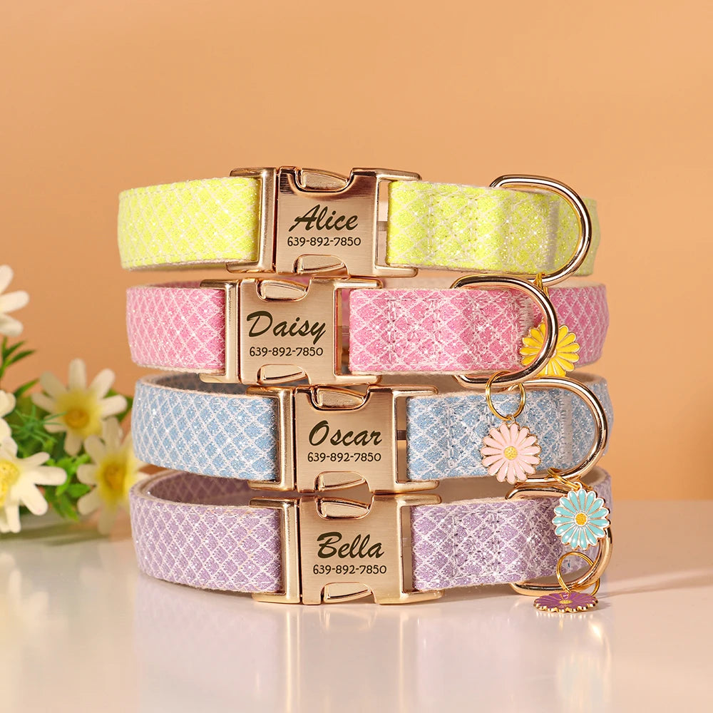 Personalized Bling Plaid Dog Collar – Adjustable Buckle Collar with Cute Flower Pendant, Anti-Lost ID for Small &amp; Medium Dogs &amp; Cats – Pink