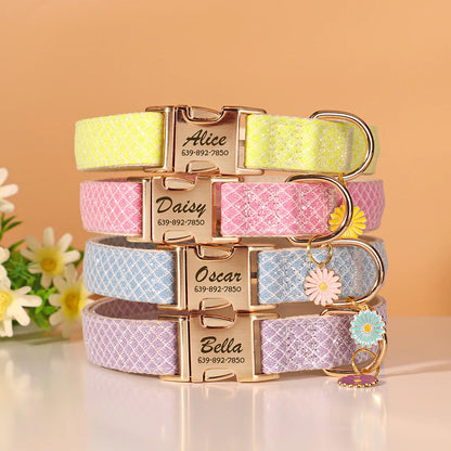 Personalized Bling Plaid Dog Collar – Adjustable Buckle Collar with Cute Flower Pendant, Anti-Lost ID for Small &amp; Medium Dogs &amp; Cats – Pink
