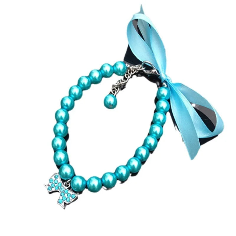 Exquisite Pearl Dog Necklace Pearl Necklace Jewelry with Bow Ribbon Suitable for Cats and Dogs