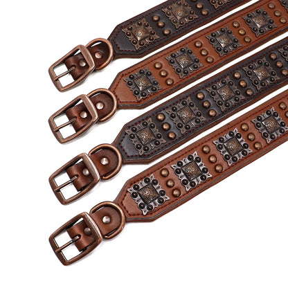 Cool Spiked Dog Collar for Medium Large Dogs – Genuine Leather Adjustable Pitbull Bulldog Collar with Metal Buckle &amp; D-Ring