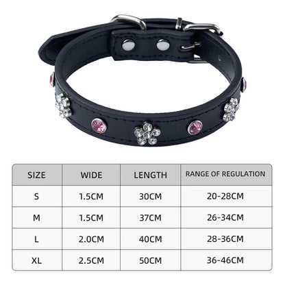 Rhinestone Leather Dog Collar – Adjustable Bling Puppy Collar with Metal Buckle for Small &amp; Medium Dogs
