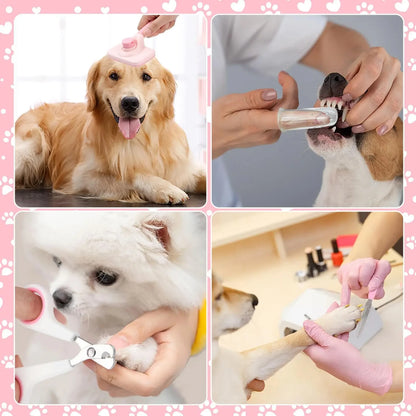 8-piece Dog Brush Grooming Set, pet self-cleaning set, with pet nail clippers and files, flea comb, pet shampoo bath brush, pet