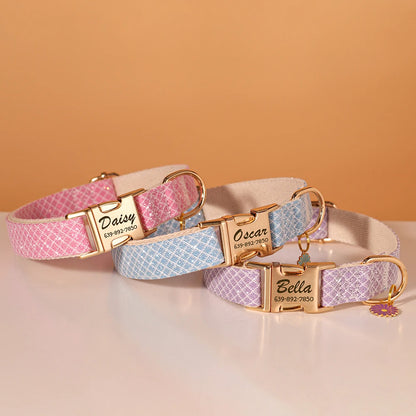 Personalized Bling Plaid Dog Collar – Adjustable Buckle Collar with Cute Flower Pendant, Anti-Lost ID for Small &amp; Medium Dogs &amp; Cats – Pink