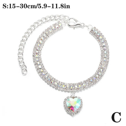 Bling Rhinestone Dog &amp; Cat Necklace Collar – Crystal Heart Diamante Pet Jewelry, Adjustable Puppy &amp; Kitten Wedding Party Accessory XS–L