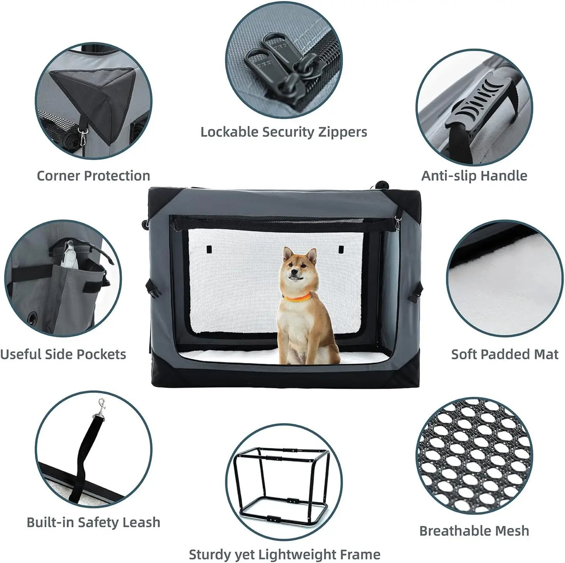 Pettycare 36 Inch Collapsible Crate for Large Dogs, 4-Door Foldable Soft Kennel with Chew Proof Mesh Windows for Indoor