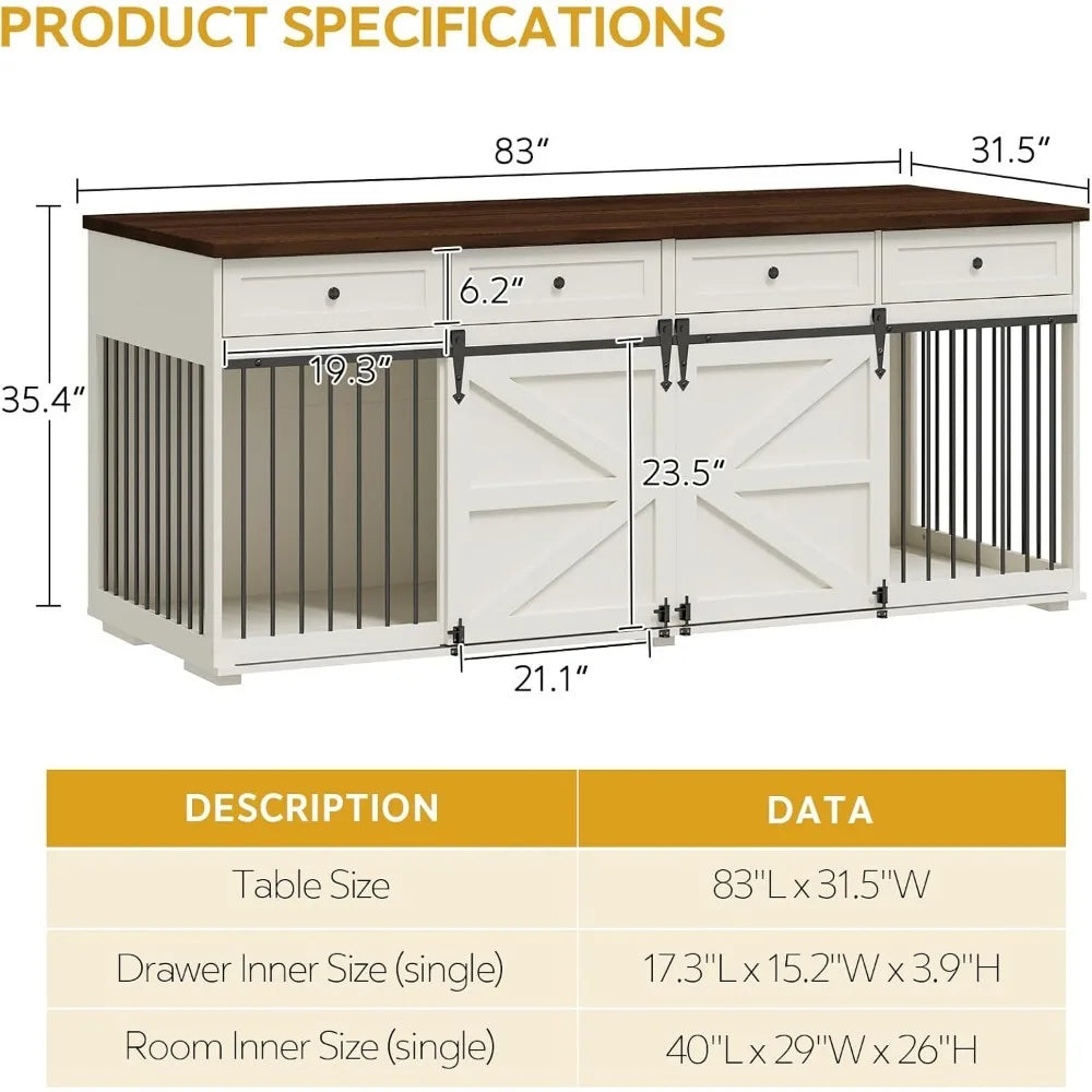 Indoor Wooden Dog Crate Furniture with 4 Drawers &amp; Sliding Barn Doors – Stylish Kennel for Small Dogs