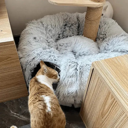 Plush Cat Bed with Play Tunnel - Interactive Multifunctional Donut Cat Bed with Play Tunnel &amp; Peephole