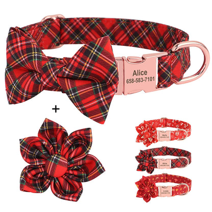 Personalized Dog Collars – Classic Red Plaid Pet Collar with Bowknot &amp; Free Engraving ID Tag for Small and Medium Dogs