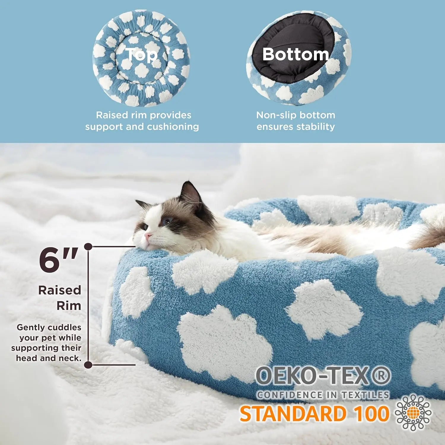 Luxury Round Calming Donut Pet Bed – Plush Washable Cat & Dog Bed with Cute Prints
