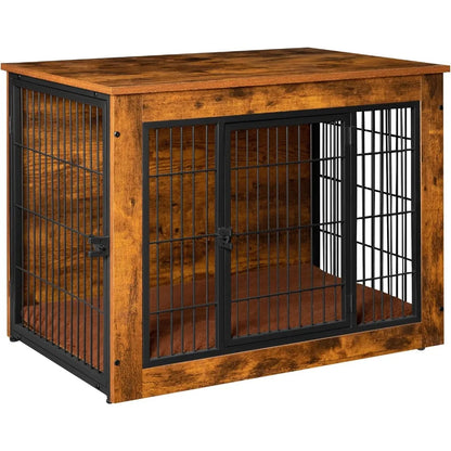 Stylish Dog Crate Furniture with Thick Cushion &amp; Double Doors – Wooden End Table Chew-Resistant Dog Kennel