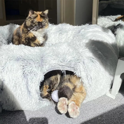 Plush Cat Bed with Play Tunnel - Interactive Multifunctional Donut Cat Bed with Play Tunnel &amp; Peephole