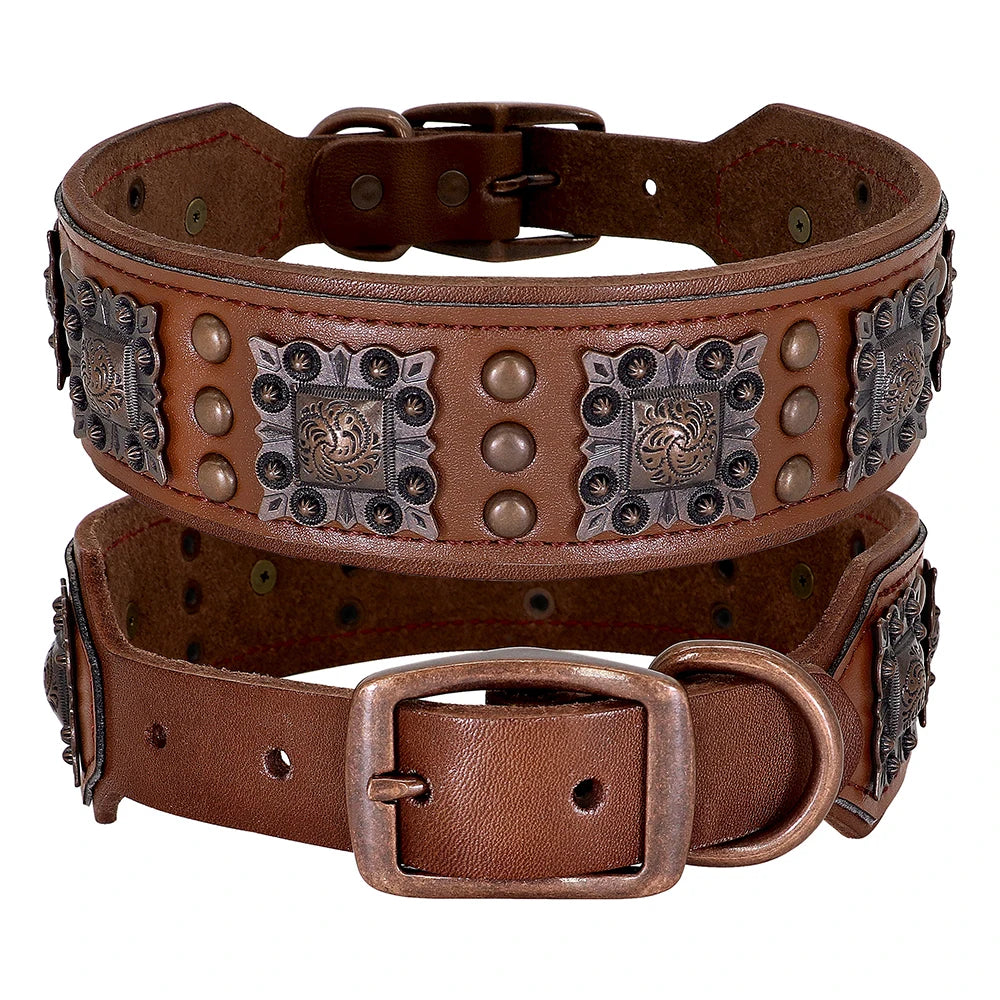 Cool Spiked Dog Collar for Medium Large Dogs – Genuine Leather Adjustable Pitbull Bulldog Collar with Metal Buckle &amp; D-Ring