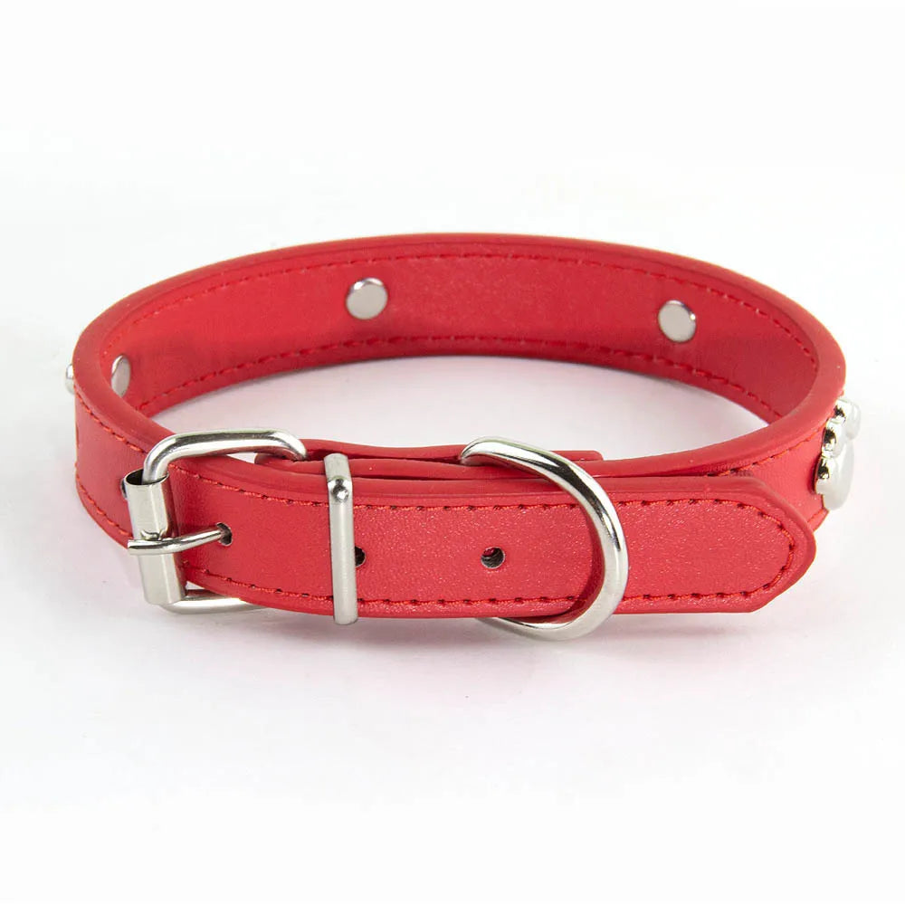 Durable Leather Dog Collar with Paw Print – Adjustable Puppy &amp; Small Dog Collar for Pug, Chihuahua &amp; Cats