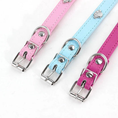 Durable Leather Dog Collar with Paw Print – Adjustable Puppy &amp; Small Dog Collar for Pug, Chihuahua &amp; Cats