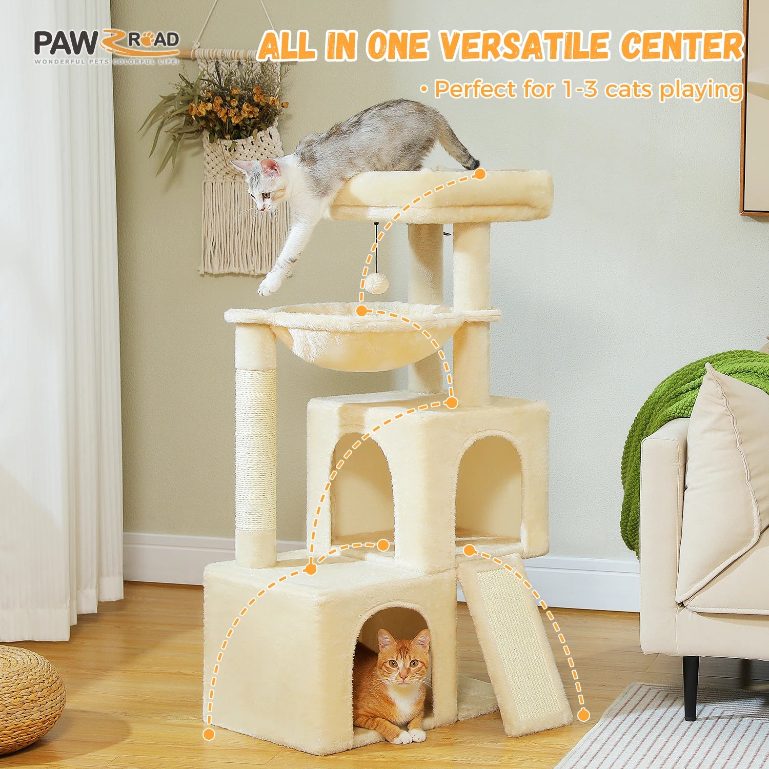 Large Cat Tree for Indoor Cats, Multi-Level Cat Tower with Sisal Scratching Post, 2 Spacious Condo, Cat Scratching Pad, Cat Toys