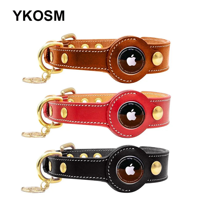 Luxury Genuine Leather Airtags Pet Collar – Adjustable Dog Collar with Airtag Holder for Puppies &amp; Medium Dogs, Anti-Lost Necklace