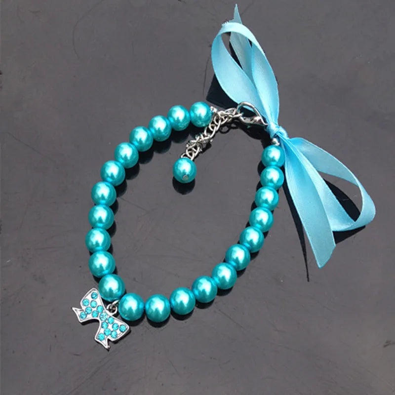 Exquisite Pearl Dog Necklace Pearl Necklace Jewelry with Bow Ribbon Suitable for Cats and Dogs