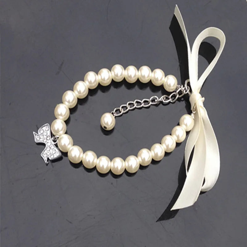 Exquisite Pearl Dog Necklace Pearl Necklace Jewelry with Bow Ribbon Suitable for Cats and Dogs