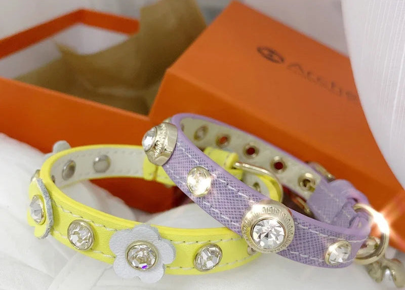 Genuine Leather Pet Collar White Diamond Gemstone Rivet Cowhide Collar Dog and Cat Collar