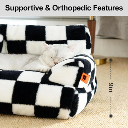 Pet Couch Bed 26×19×13 – Washable Fluffy Cat Bed for Cats &amp; Small Dogs up to 25 lbs, Black &amp; White