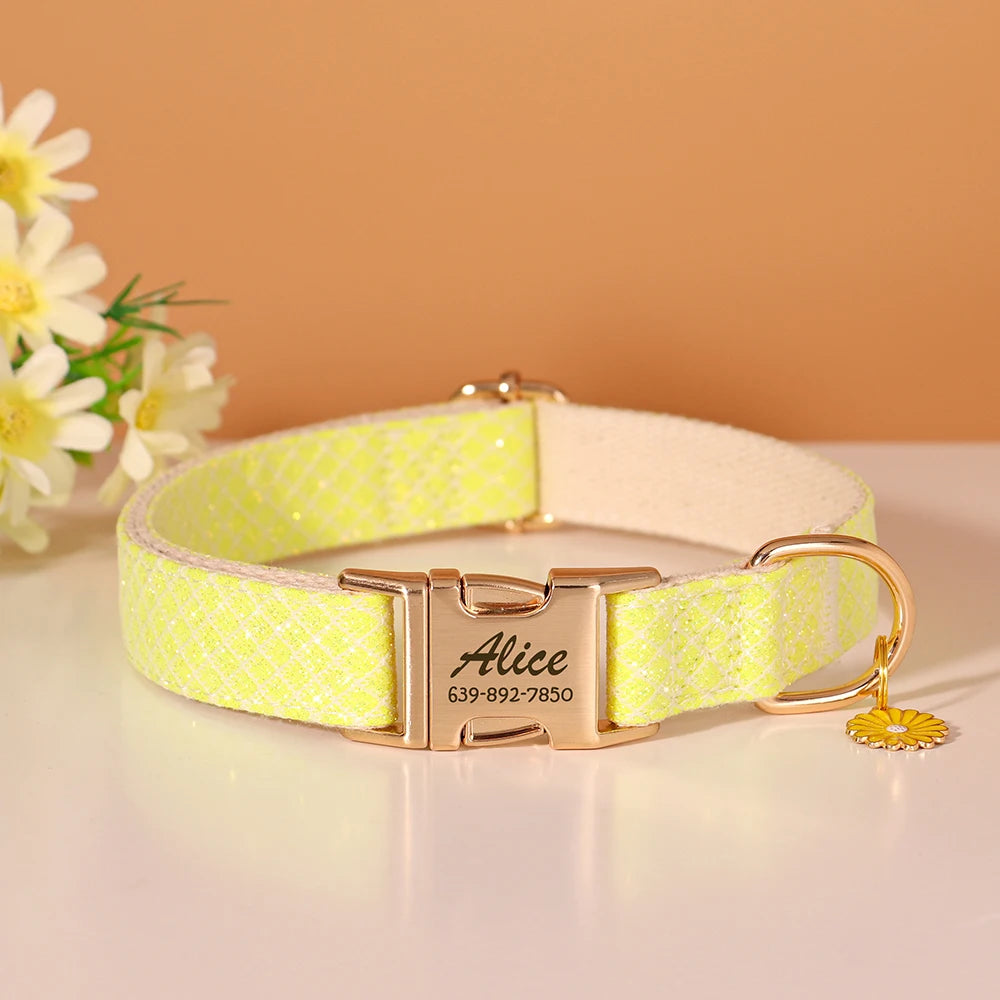 Personalized Bling Plaid Dog Collar – Adjustable Buckle Collar with Cute Flower Pendant, Anti-Lost ID for Small &amp; Medium Dogs &amp; Cats – Pink