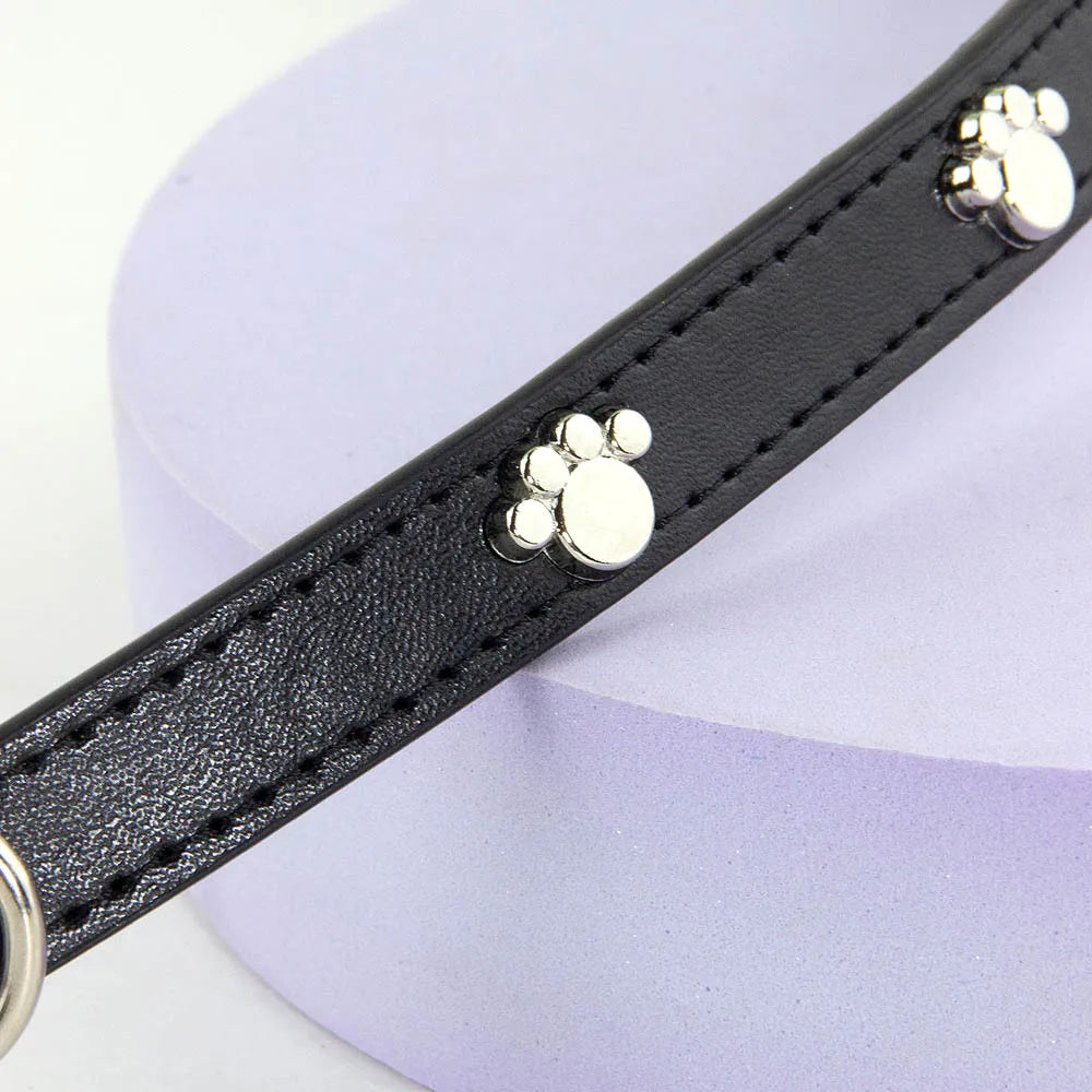 Durable Leather Dog Collar with Paw Print – Adjustable Puppy &amp; Small Dog Collar for Pug, Chihuahua &amp; Cats